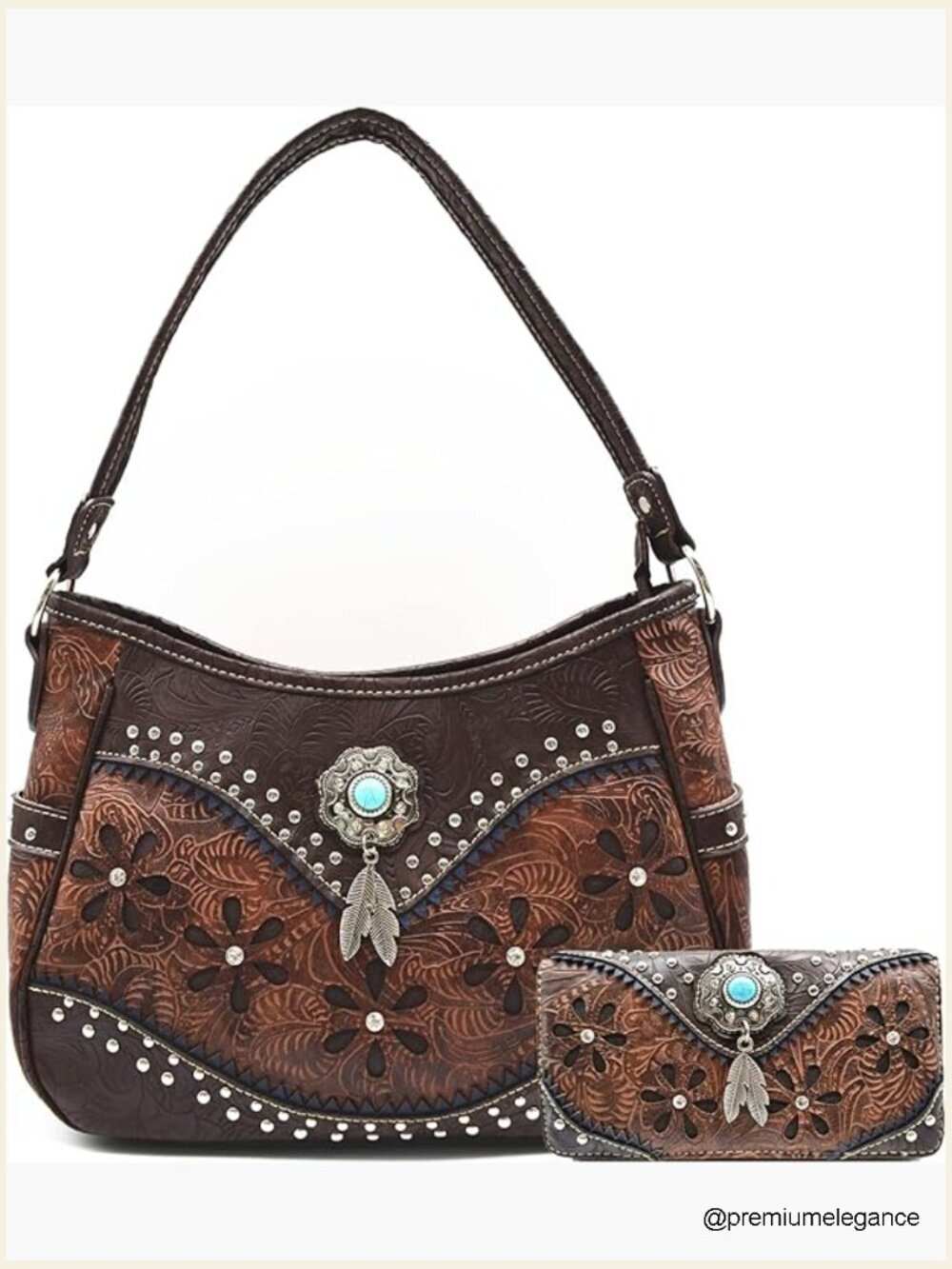 Tooled Leather Hobo Crossbody Bag with Wallet Set - Floral Laser Cut Feather